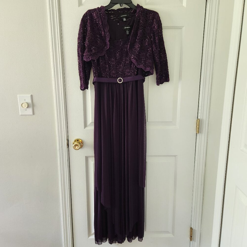 Lacy Plum Purple Pleated Sleeveless Evening Gown Dress Lace Coverup - Size 6